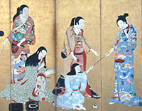 婦女遊楽図屏風（松浦屏風）左隻・部分